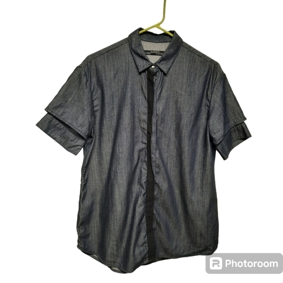 All Saints Women's Trente Denim Button Up Shirt Mesh Sheer Blue Size 8 - Picture 1 of 7